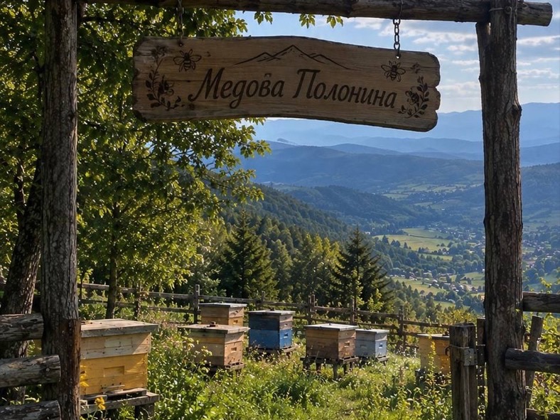 Дерев’яні ворота з вивіскою «Медова Полонина», за ними — вулики й краєвид на гори